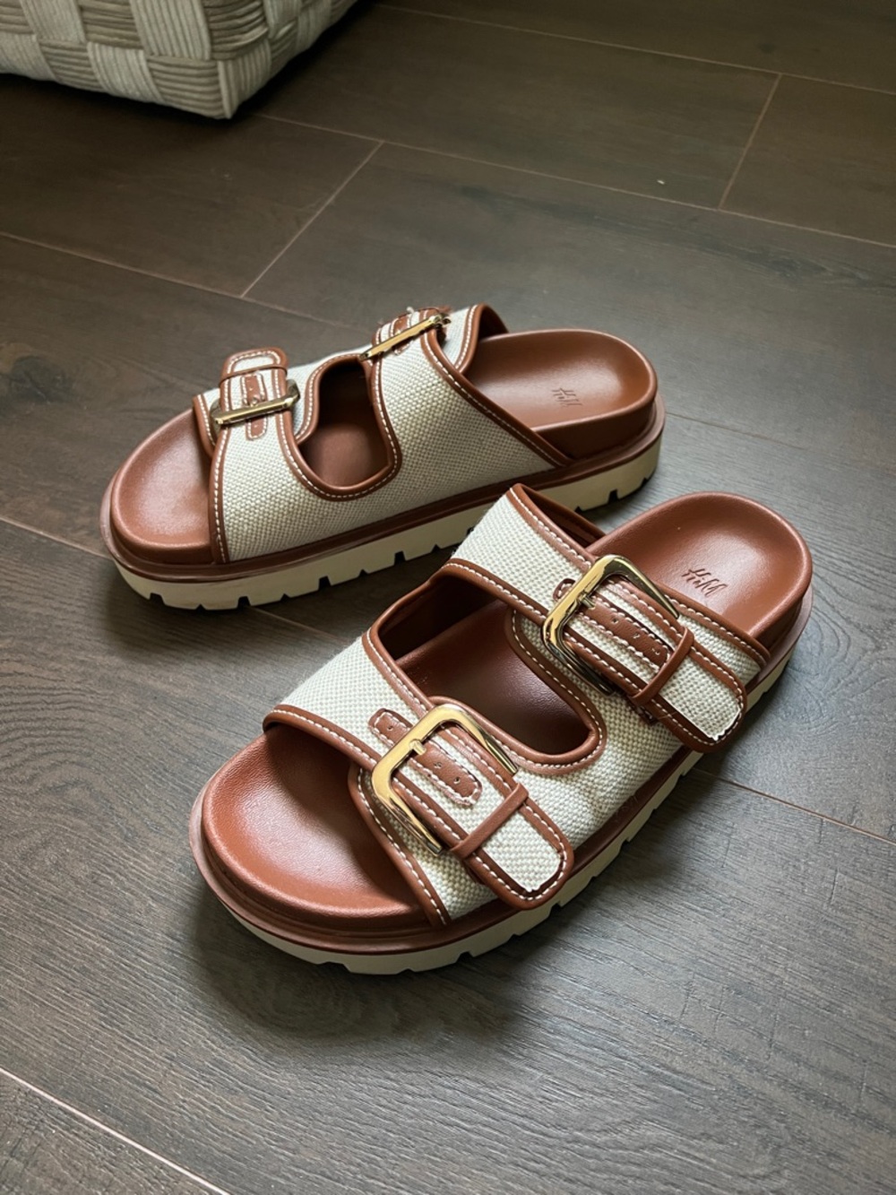 H&M Cream and Brown Double Buckle Platform Sandals